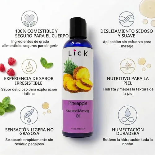 Vista 4 de Lick Aceite de masaje con sabor a piña con vitamina E, aceite corporal dulce comestible para masaje de parejas, mezcla de aceite de coco fraccionado