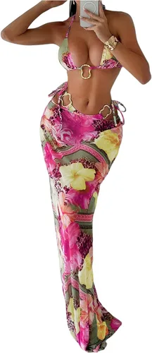Vista 11 de WDIRARA Conjunto de bikini para mujer de 3 piezas, estampado floral halter con anillos, leopardo, traje de baño con falda de playa Varios