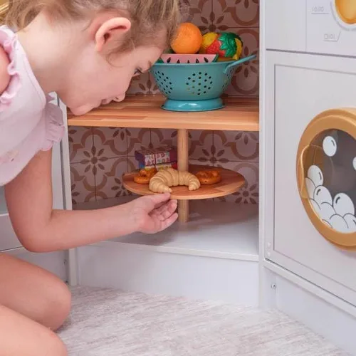 Vista 6 de KidKraft Ultimate - Cocina de esquina de madera con luces y sonidos, teléfono de juego y cortinas, blanco Lazy Susan, cortinas, se adapta a dos