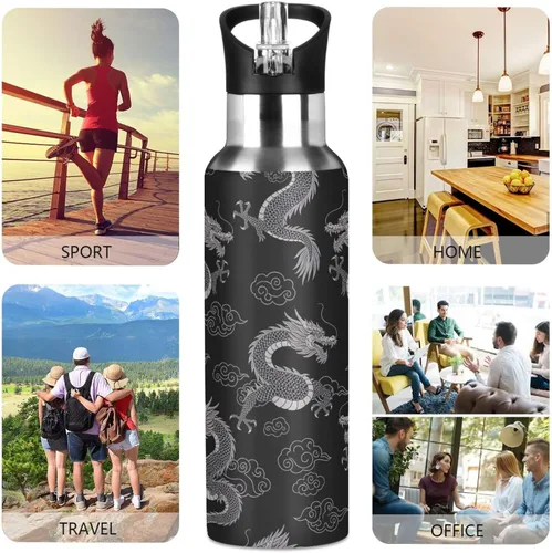 Vista 5 de Insulated Water Bottle 20 Oz, BPA-Free Sport Water Bottle for Gym Outdoor Travel School, Dragons Cloud Black