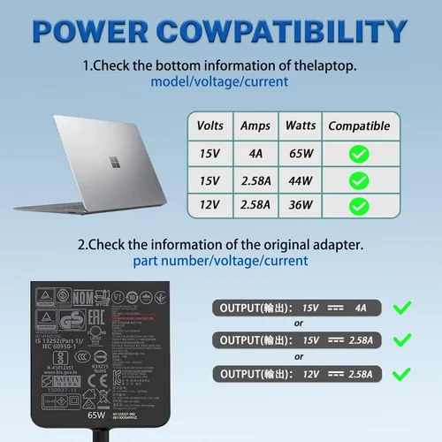 Vista 3 de Cargador original para portátil de 65 W, 44 W, 1796, 1706, 1800, 1625, compatible con Microsoft Surface Pro 10 9 8 7+ 7 6 Windows 5 4 3 2 Fit