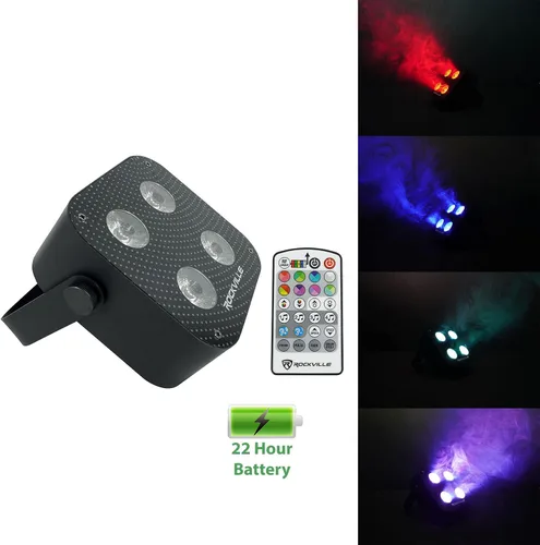 Vista 2 de Rockville Mini RF4 Black Par - Luz de lavado, recargable, 4 x 12 W, incluye control remoto, RGBWA+LED UV, batería de hasta 22 horas, perfecta