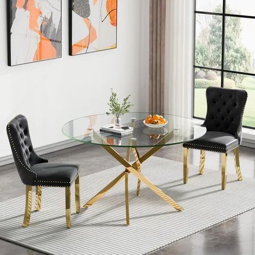 Vista 76 de Juego de mesa de comedor SSLine moderno de 3 piezas con mesa redonda de vidrio para 2, lujosa mesa de comedor circular de 36" con tapa de vidrio