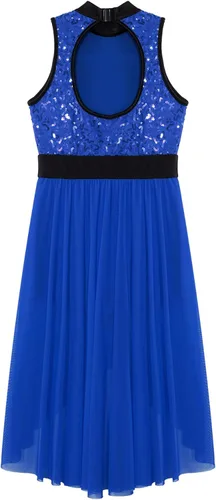 Vista 6 de TiaoBug Vestido de baile de ballet lírico con lentejuelas para niñas, falda alta y baja, disfraz de salón moderno y contemporáneo de jazz latino