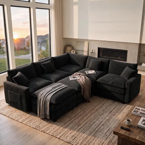 Vista 59 de Sofá seccional modular de 107", sofá de nube en forma de L con otomana Negro