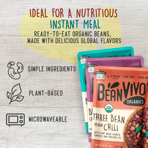 Vista 3 de BeanVIVO - Variedad de 3 paquetes (10 onzas cada uno) - Frijoles negros orgánicos Baja, Chile vegano de tres frijoles, chile chipotle de frijoles