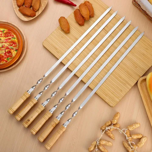 Vista 7 de Pinchos de barbacoa de acero inoxidable con mango de madera para carne, camarones, pollo, verduras