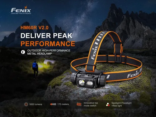 Vista 2 de Fenix HM60R V2.0 - Linterna frontal recargable de 1600 lúmenes, carga rápida USB-C, foco e reflector con luz roja, lámpara LED ligera e impermeable