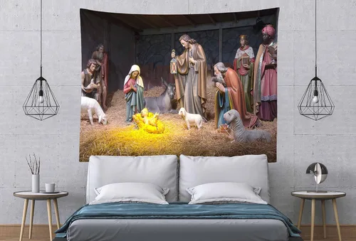 Vista 3 de Loccor Tapiz de Navidad Escena del Nacimiento Pesebre Escena del Nacimiento del Bebé Jesús Tapiz para Colgar en la Pared Tapestries Religiosos