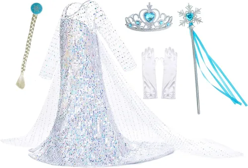 Vista 9 de Disfraz de princesa de lujo con capa larga brillante, fiesta de cumpleaños para niñas