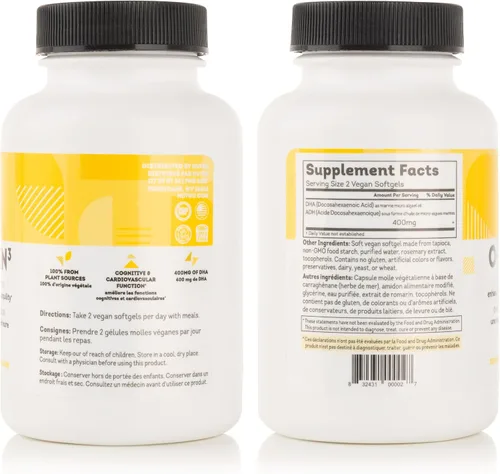 Vista 2 de O-Mega-Zen3 Suplemento vegano Omega 3 DHA - 400 mg de ácidos grasos esenciales DHA - Sin carragenina - Suplemento alternativo de aceite de pescado a
