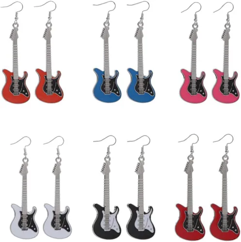 Vista 3 de Caiyao Pendientes colgantes de metal punk negro y blanco para guitarra eléctrica, para mujeres y niñas, amantes de la música rock, profesores