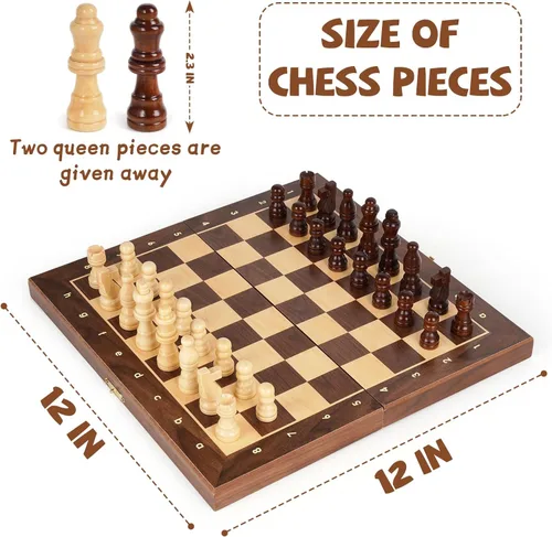 Vista 6 de Juego de ajedrez magnético de viaje de 12 pulgadas, tablero de ajedrez magnético de madera con 2 reinas extra, tablero de ajedrez plegable
