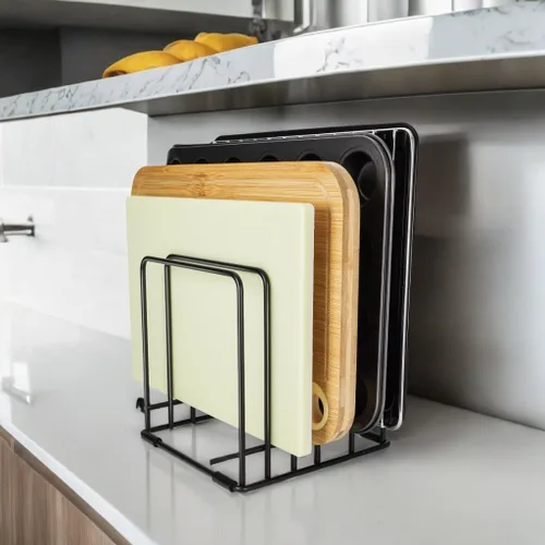 Vista 5 de Organizador de tabla de cortar para gabinete de cocina, estante de almacenamiento de hojas de galletas, soporte divisores de gabinete con 5 ranuras