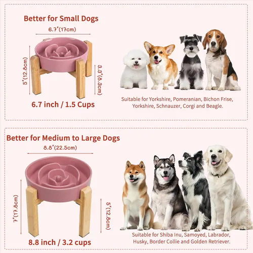 Vista 7 de Cuenco elevado para perros de alimentación lenta – Plato de comida de cerámica con soporte de bambú – Diseño de laberinto elevado – Ideal para Rosa