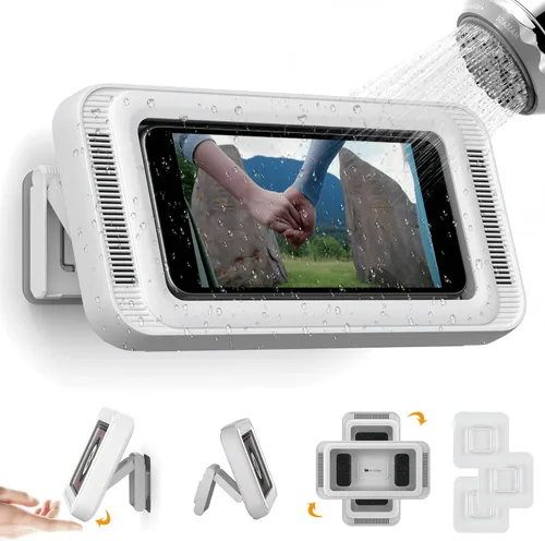 Vista 11 de Mistriddle Soporte para teléfono de ducha impermeable con rotación de 360°, ángulo ajustable, soporte para teléfono montado en pared para espejo