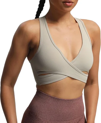 Vista 2 de Aoxjox Sujetadores deportivos de entrenamiento para mujer, sin espalda, Viviana, brasier de malla acolchada, camiseta corta sin mangas para yoga