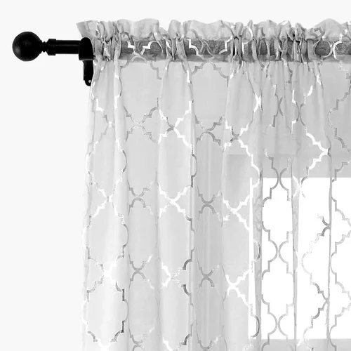 Vista 11 de Kotile - Cortinas doradas y blancas transparentes de 45 pulgadas de largo, juego de 2 paneles, con estampado marroquí metálico de ogee, cortinas