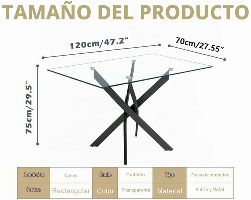 Vista 3 de Mesa de comedor de vidrio templado con patas de metal negro, mesa de cocina rectangular moderna de 47 pulgadas para cocina, comedor, oficina en casa