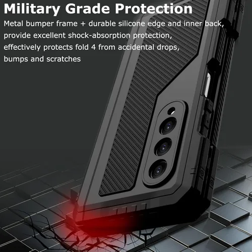 Vista 4 de Funda de metal para Samsung Galaxy Z Fold 4 con soporte para bolígrafo S, funda militar resistente Z Fold4 con protector de pantalla integrado, Negro