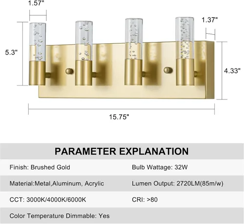 Vista 6 de Lámparas de tocador de baño sobre espejo con acabado dorado cepillado, 4 luces de tocador, apliques de pared para baño