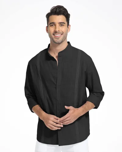 Vista 4 de SMIFCAALOR Camisas de algodón y lino de manga larga para hombre, con botones, para playa, yoga, informal, para verano