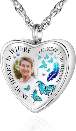 Vista 23 de XIUDA Collar de urna con foto personalizada para cenizas, collar de cenizas con foto personalizada, joyería de cremación para mujeres, collar