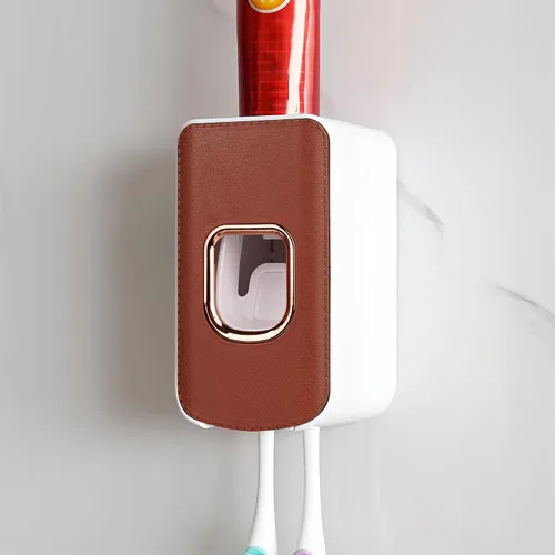 Vista 30 de Soporte de plástico para cepillos de dientes de 2 ranuras y dispensador de pasta de dientes montado en la pared, exprimidor automático de pasta