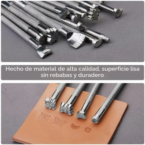 Vista 4 de Sellos de cuero, 21 piezas de herramientas de estampado de cuero con martillo de goma Sellos de cuero para el trabajo de cueros, kit de estampado