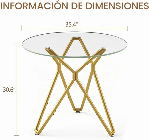 Vista 3 de Mesa de comedor redonda de 35.4 pulgadas para 4, moderna mesa de cocina de vidrio transparente para 4 personas con patas de metal dorado, mesas
