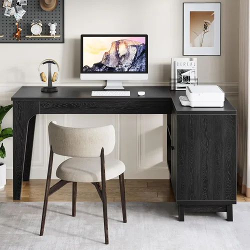 Vista 5 de Tribesigns Escritorio en forma de L con armario de almacenamiento, estación de trabajo esquinera de madera de 57 pulgadas, escritorio para Negro