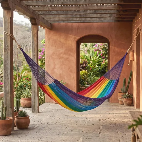 Vista 2 de NOVICA Hamaca de cuerda maya de nailon tejida a mano multicolor arcoíris a rayas para 1 persona, soñando con arcoíris (individual)