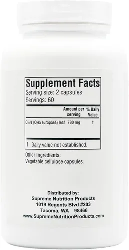 Vista 3 de Supreme Nutrition Olive Leaf Supreme, 120 cápsulas vegetarianas de hoja de olivo pura