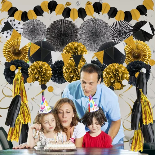 Vista 7 de ZERODECO Decoraciones de fiesta, 41 unidades, abanicos de Papar negros y dorados, guirnaldas, guirnaldas de papel de seda para graduación