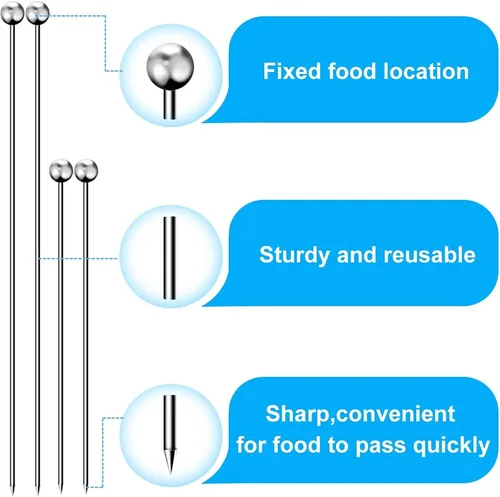 Vista 6 de 20 palillos de cóctel para bebidas, palillos de dientes de cóctel de acero inoxidable largos, brochetas de cóctel reutilizables, palillos de martini