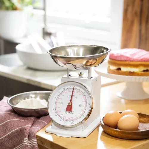 Vista 7 de MARLIZ Báscula de cocina retro pequeña 4.4Lb/4.4 lbs con 2 cuencos blanco Esfera mecánica Vintage Pesa para alimentos bascula