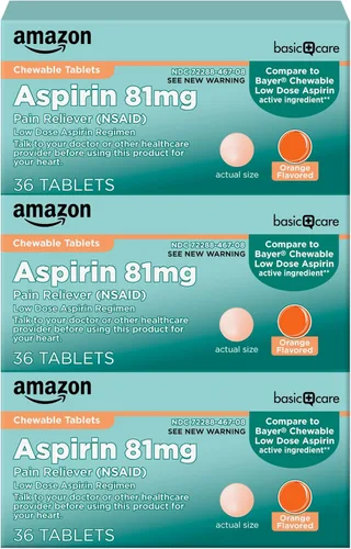 Vista 9 de Amazon Basic Care Comprimidos masticables de aspirina de dosis baja 81 mg, analgésico, sabor naranja, 36
