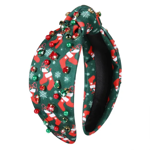 Vista 5 de boderier Diademas de Navidad para Mujeres Diadema de Árbol de Navidad con Cuentas Diadema Ancha Anudada de Cristal Accesorios para el Cabello