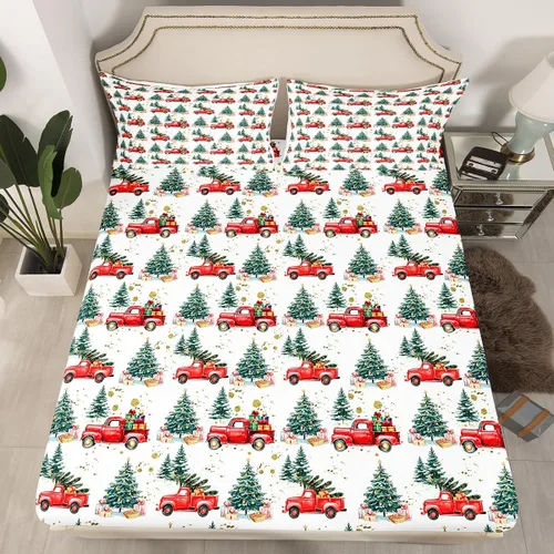 Vista 24 de Juego de sábanas con diseño de Papá Noel y muñeco de nieve para niños, niñas y niños, de temática navideña, juego de cama con diseño de árbol