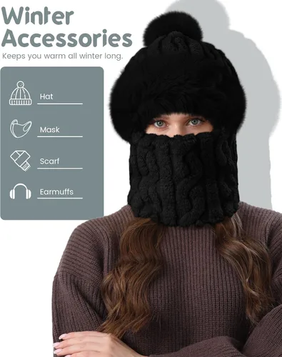 Vista 9 de Winter Hats and Scarf Set for Women One Piece Hat Beanie Negro