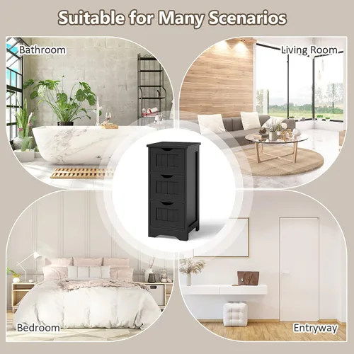 Vista 9 de COSTWAY Gabinete de almacenamiento para baño, gabinete de almacenamiento delgado que ahorra espacio con 3 cajones, gabinete de piso estrecho