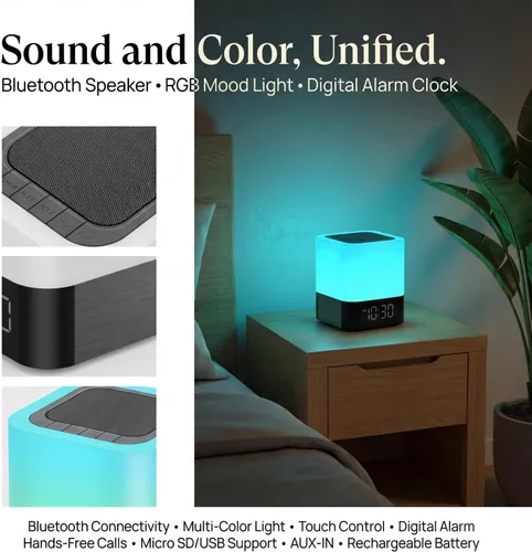Vista 8 de Gallstep Luces nocturnas Altavoz Bluetooth, despertador, altavoces Bluetooth, sensor táctil, lámpara de noche regulable multicolor cambiante
