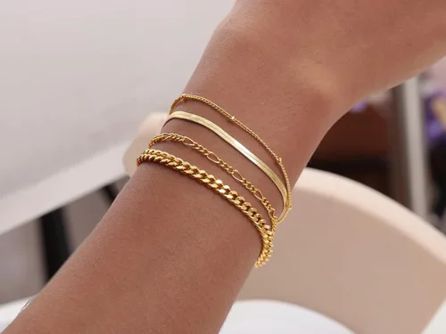 Vista 2 de Picuzzy Pulseras de oro para mujer, de oro real de 14 quilates, apilables, impermeables, juego de joyas para mujer, a la moda, delicadas, bonitas