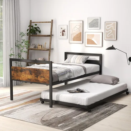 Vista 4 de KOMFOTT Sofá cama de metal de tamaño individual con nido, marco de sofá cama con cabeceras de madera, soporte de listones de metal, marco de sofá