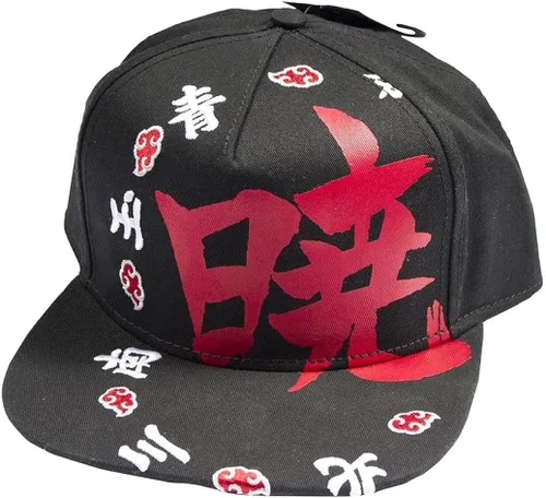 Vista 2 de Ripple Junction Naruto Shippuden Adulto Unisex Akatsuki Kanji Ring Flat Bill El Snapback Sombrero NegroRojo
