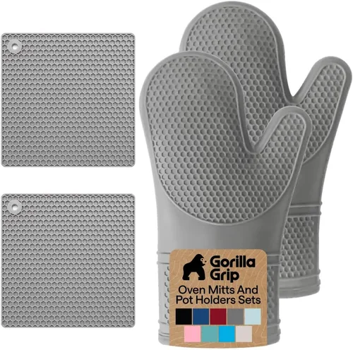 Vista 27 de GORILLA GRIP - Juego de guantes de horno de silicona suave sin BPA, guantes de cocina resistentes al calor e impermeables, forro de algodón grueso