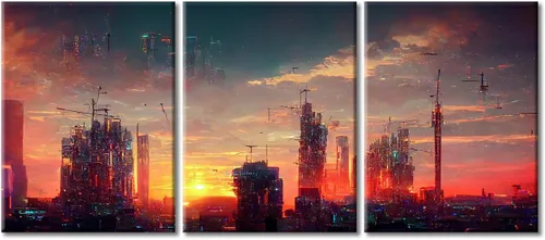 Vista 92 de Arte de pared de 3 piezas de escena de ciencia ficción de la calle comercial futurista paisaje urbano, decoración de pared para dormitorio