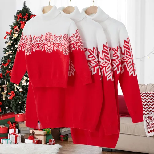 Vista 6 de Suéter feo de Navidad a juego para la familia, con cuello alto, copos de nieve, suéter de punto para adultos y niños