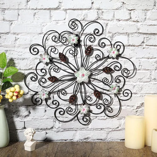 Vista 2 de Ferraycle Decoración de pared de flores de metal de 12 pulgadas con hoja de óxido, arte de pared de metal floral grande, decoración inspiradora