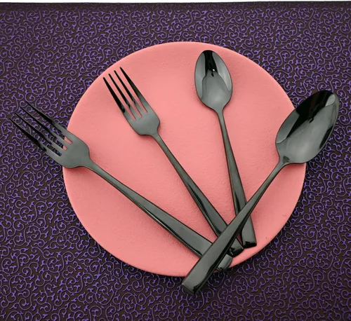 Vista 6 de Juego de cubiertos de mango grueso de 24 piezas, acero inoxidable 18/10 negro antiguo con cuchillo para carne, juego de cubiertos pulidos de espejo